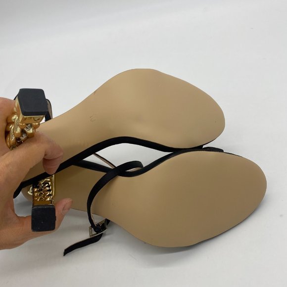 A FSJ Black Bows Gold Metal Chain Chunky High Heels Ankle Strap Sandals - Picture 9 of 10